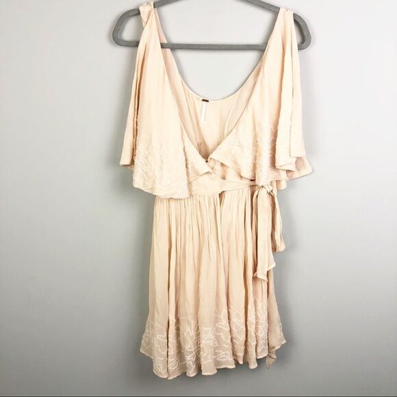 FREE PEOPLE | Sylvia Blush Beaded Mini Wrap Dress Tie Side NEW Women’s Size XS - Picture 3 of 10